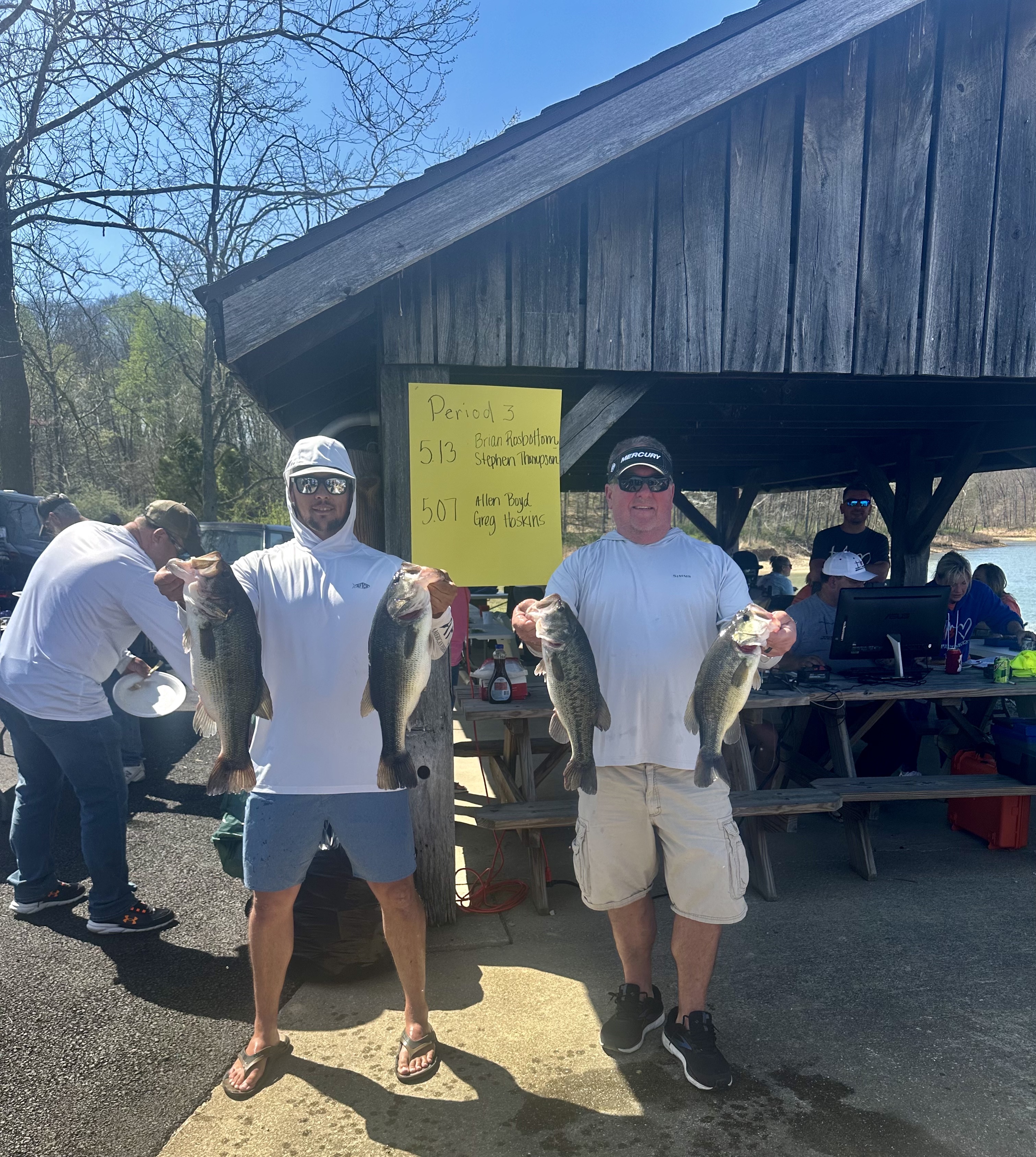 Two Bass Fishermen holding their catches.