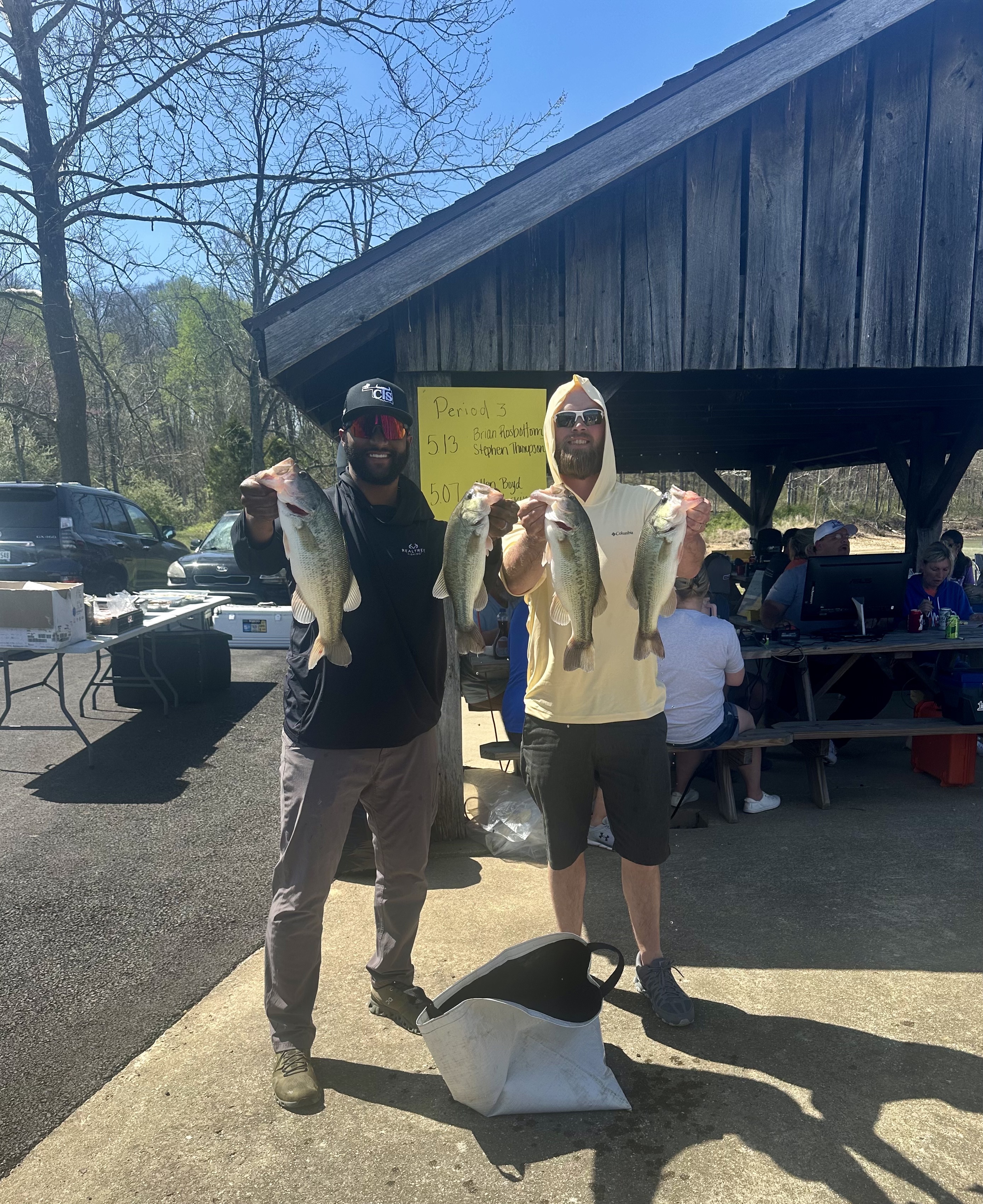 Two Bass Fishermen holding their catches.