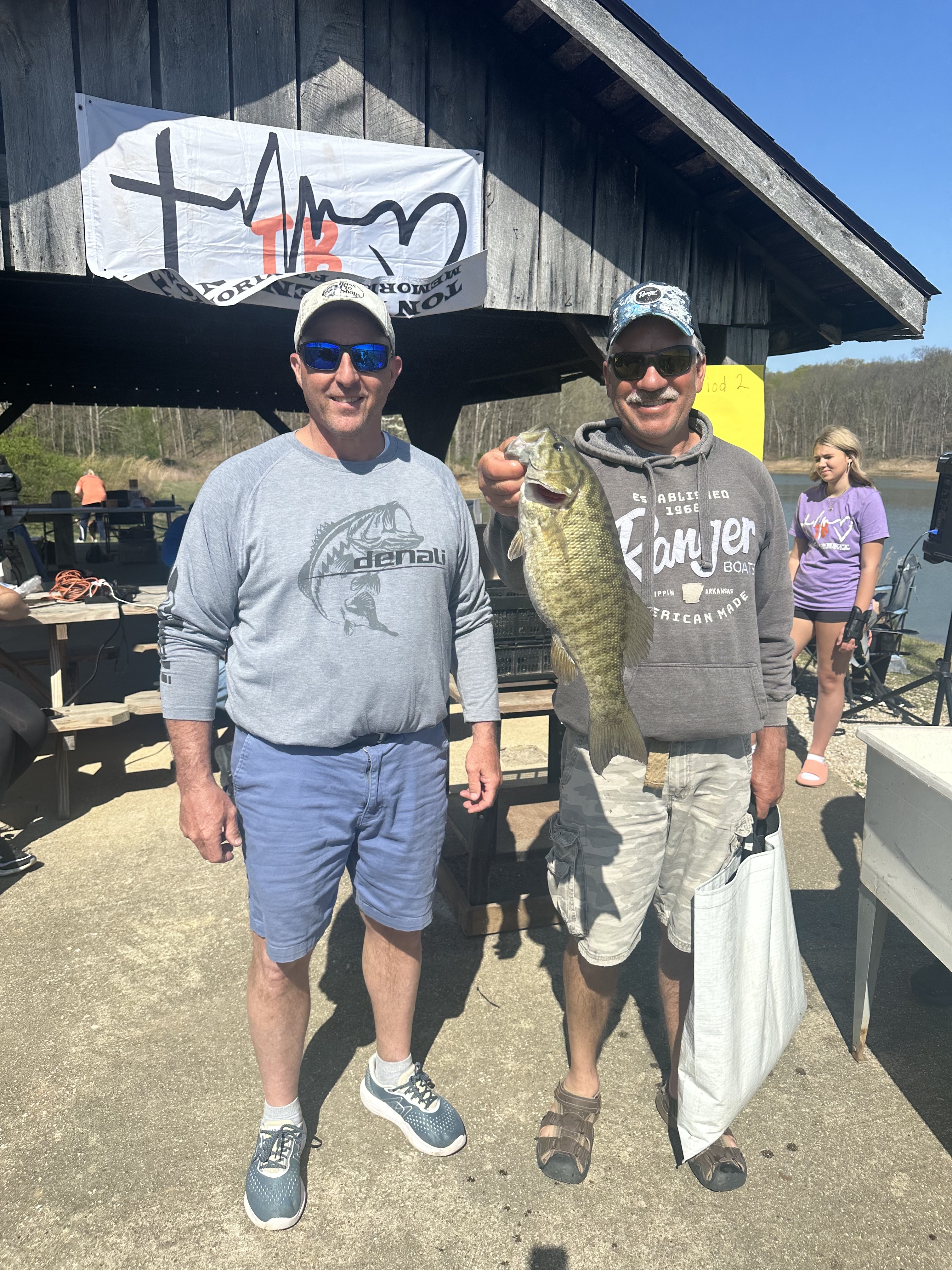 Two Bass Fishermen holding their catches.