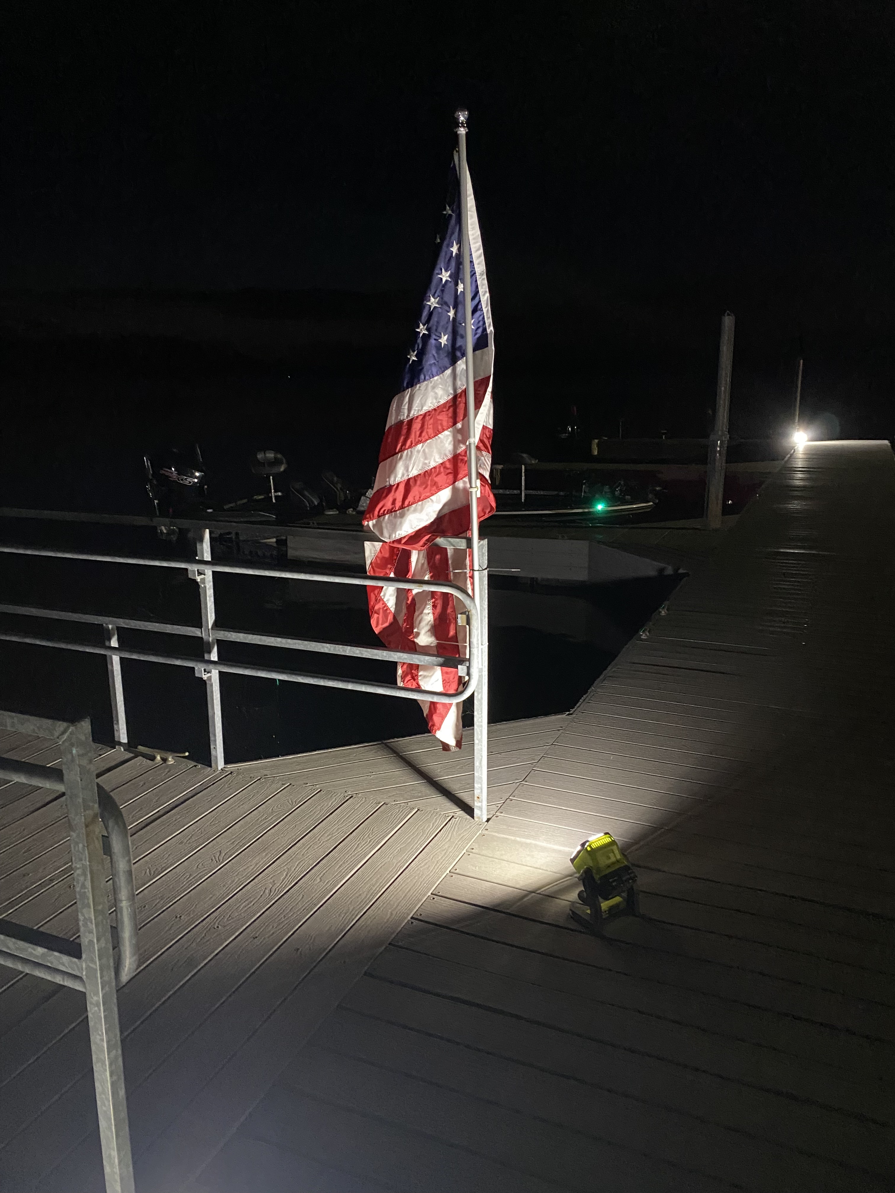 American flag on boat dock.