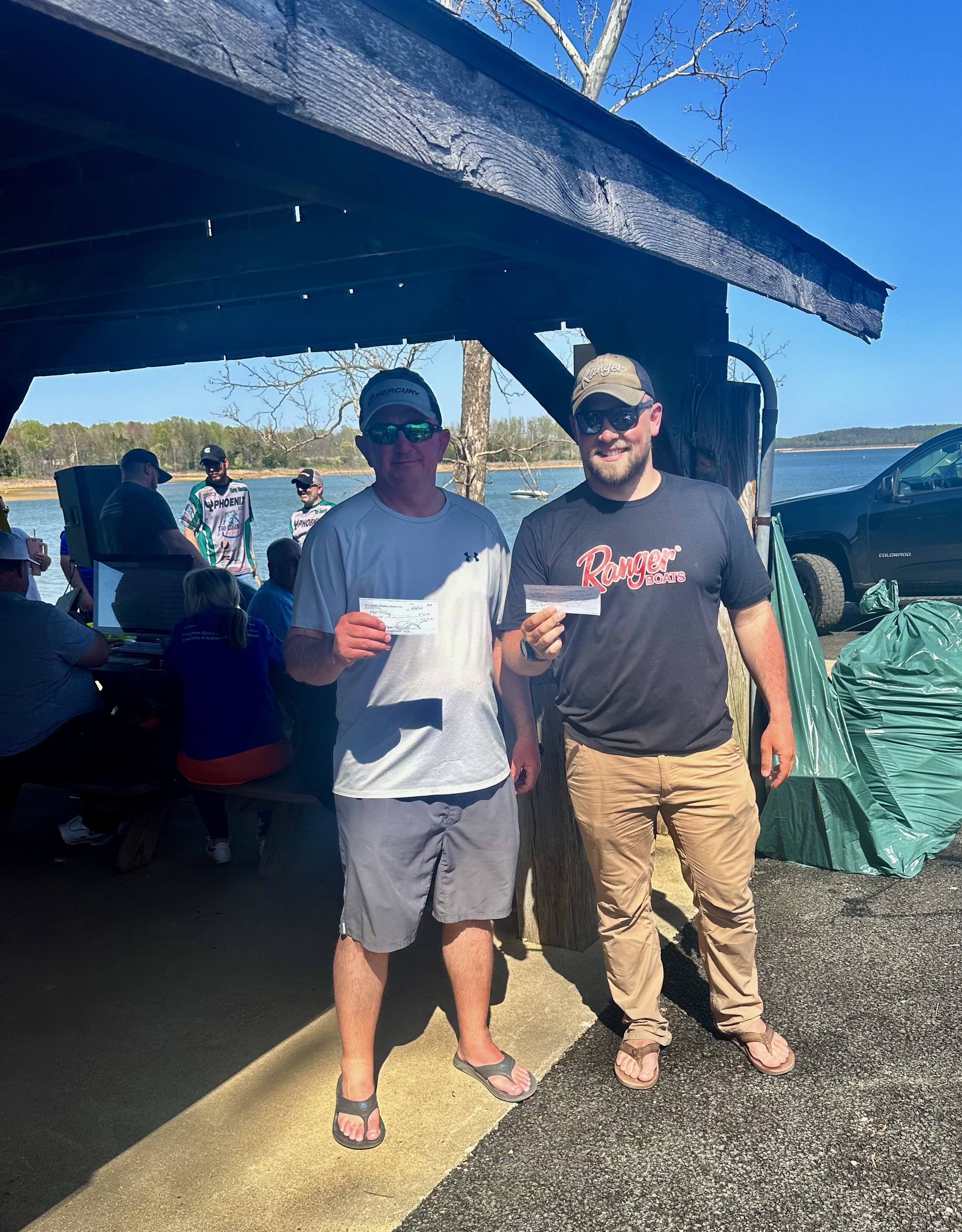 Two Bass Fishermen holding their prize plaques.