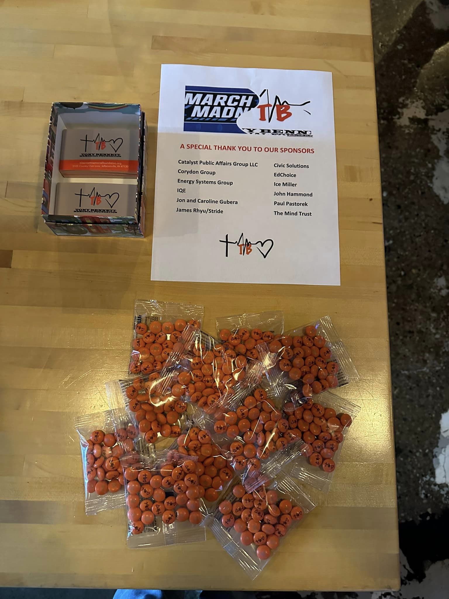 A thank you note and bags of TBMemorial branded MandM candy